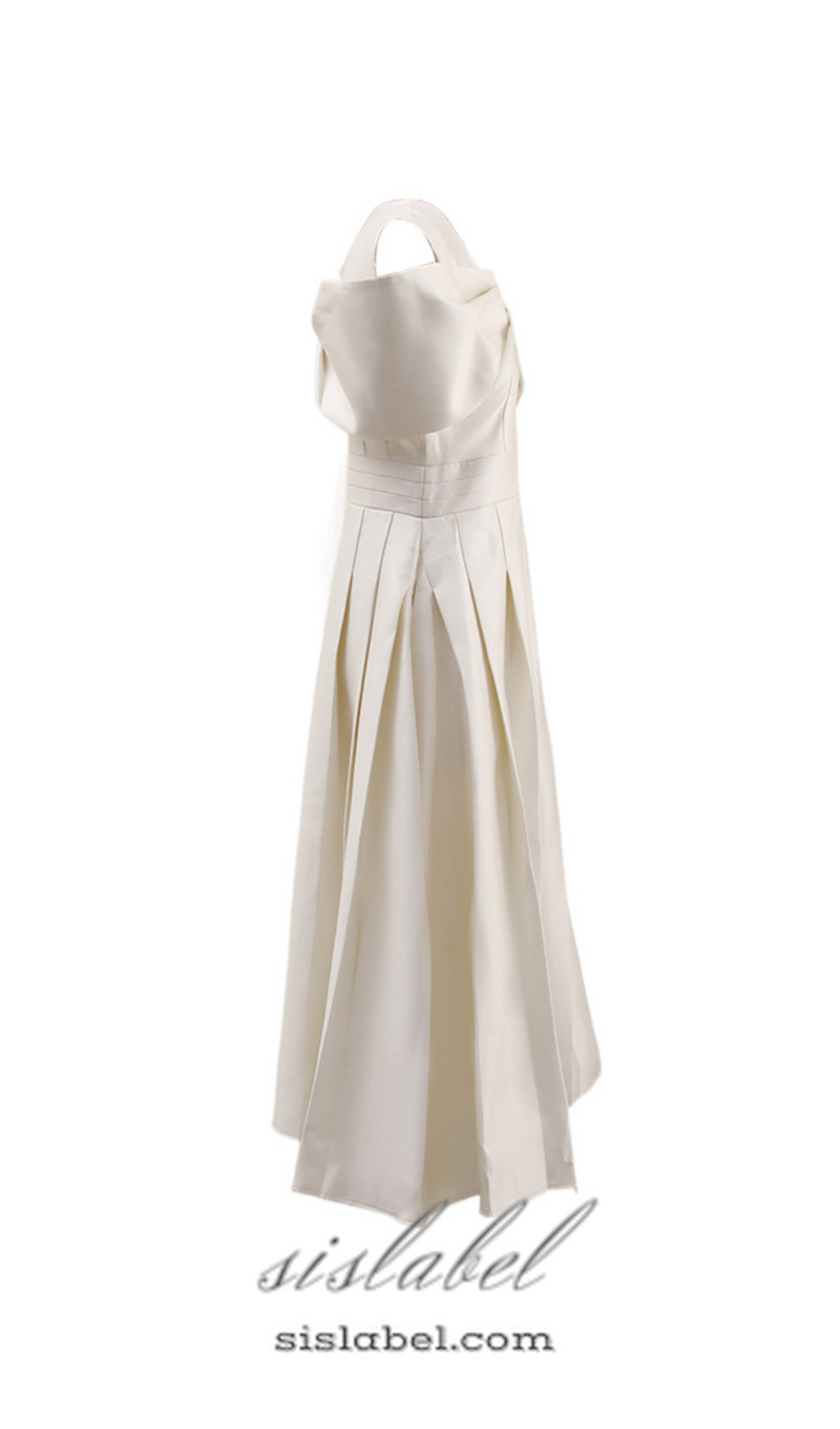 ALICE BEIGE WHITE PLEATED BOW OFF-SHOULDER MIDI DRESS