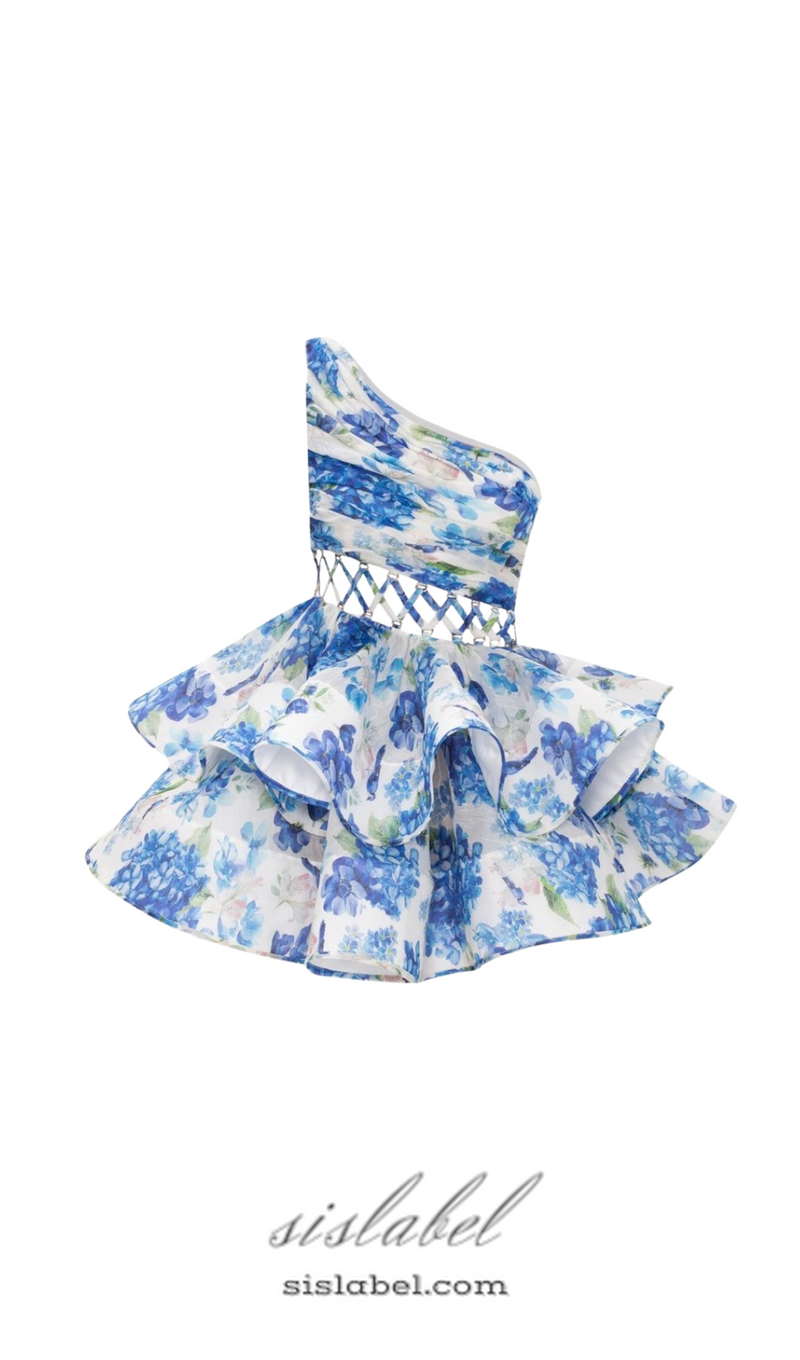 GAIL BLUE FLORAL PRINTED ONE-SHOULDER MINI CHIFFON DRESS