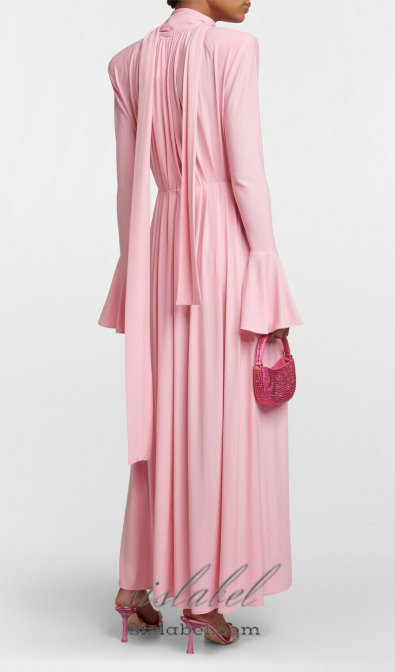 ERIN LANTERN SLEEVE HIGH COLLAR FLOWER SLIT MIDI DRESS IN PINK