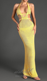 BIRIDI HALTER SHEER KNIT DRESS IN YELLOW