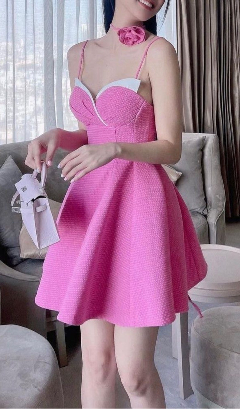 STRAP MINI DRESS WITH ROSE IN HOT PINK