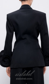 BELLA BLACK DOUBLE-BREASTED WOOL JACKET WITH FLORAL APPLIQUÉ