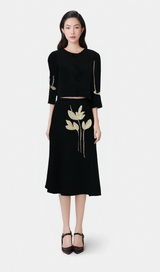 Pauline black floral-appliqué jacket & skirt matching set