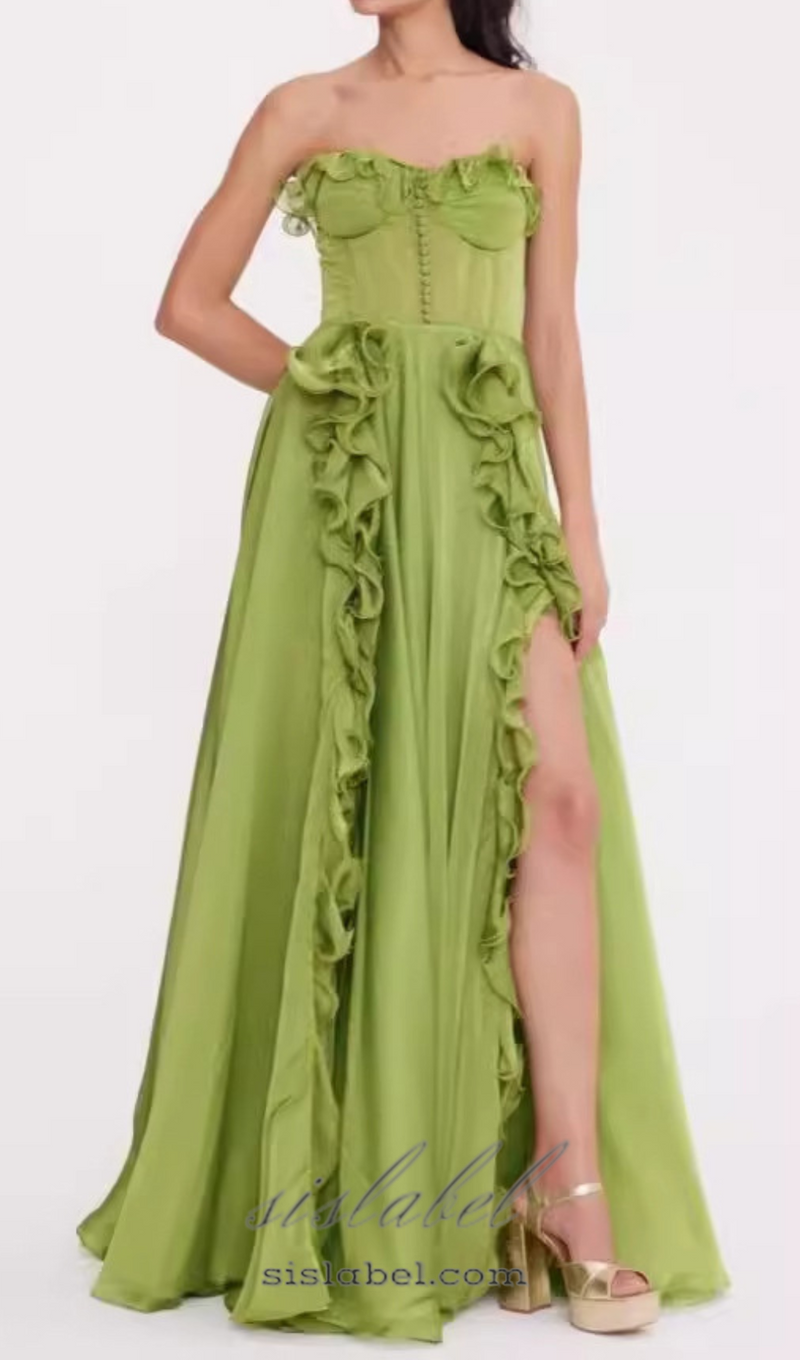 ZONA FRILL SWEETHEART NECK SLEEVELESS MAXI DRESS IN GREEN