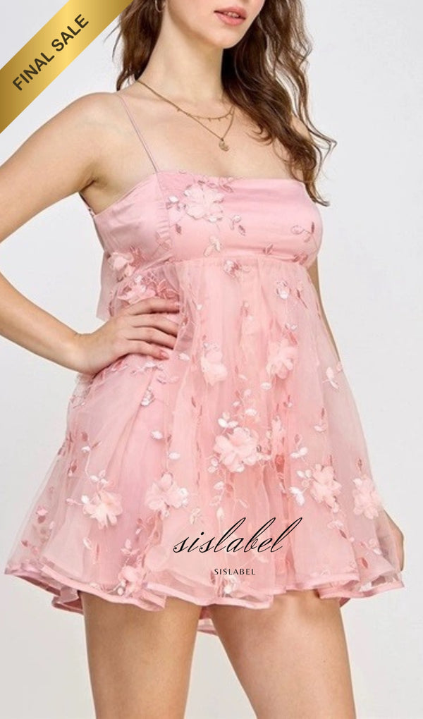 PINK LACE FLOWER MINI DRESS WITH BOW BACK