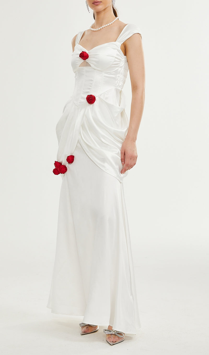 ROSE FLOWER SUSPENDER PLEATED MAXI DRESS