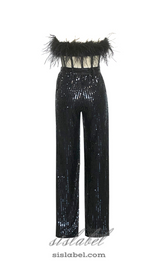 FANNY STRAPLESS FEATHER SEQUIN JUMPSUIT IN BLACK