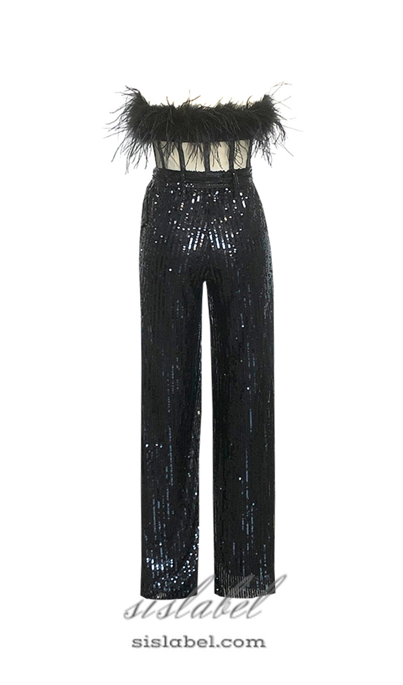 FANNY STRAPLESS FEATHER SEQUIN JUMPSUIT IN BLACK