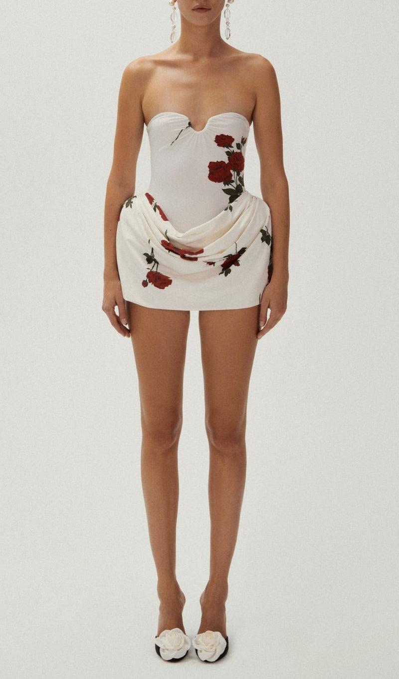 FLORAL-PRINTED PLEATED STRAPLESS MINI DRESS IN WHITE