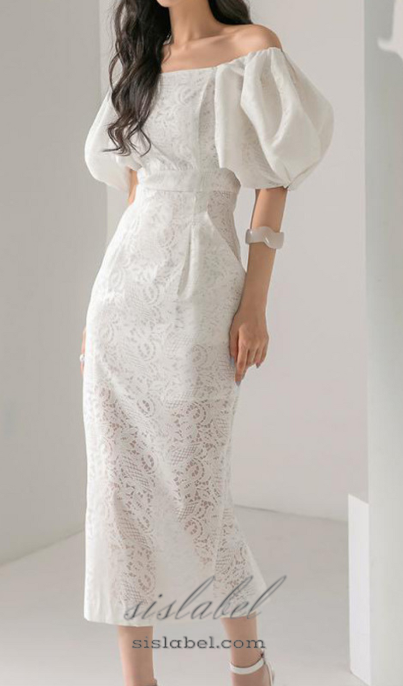 NATALIE PUFF SLEEVE OFF SHOULDER WHITE LACE MIDI DRESS