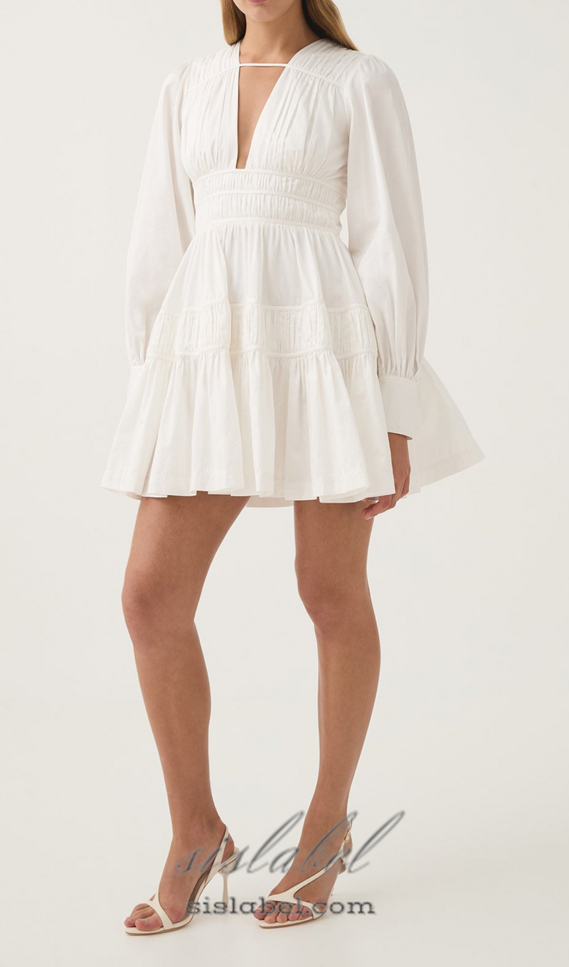 VALERIE FALLINGWATER RUCHED MINI DRESS IN WHITE