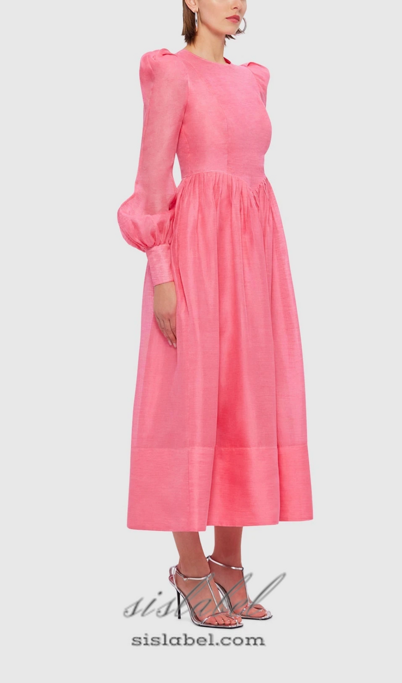 DELIA PINK LANTERN SLEEVE ROUND NECK MIDI DRESS