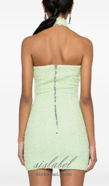 GEMMA PAISLEY-EMBELLISHED TWEED MINI DRESS IN GREEN