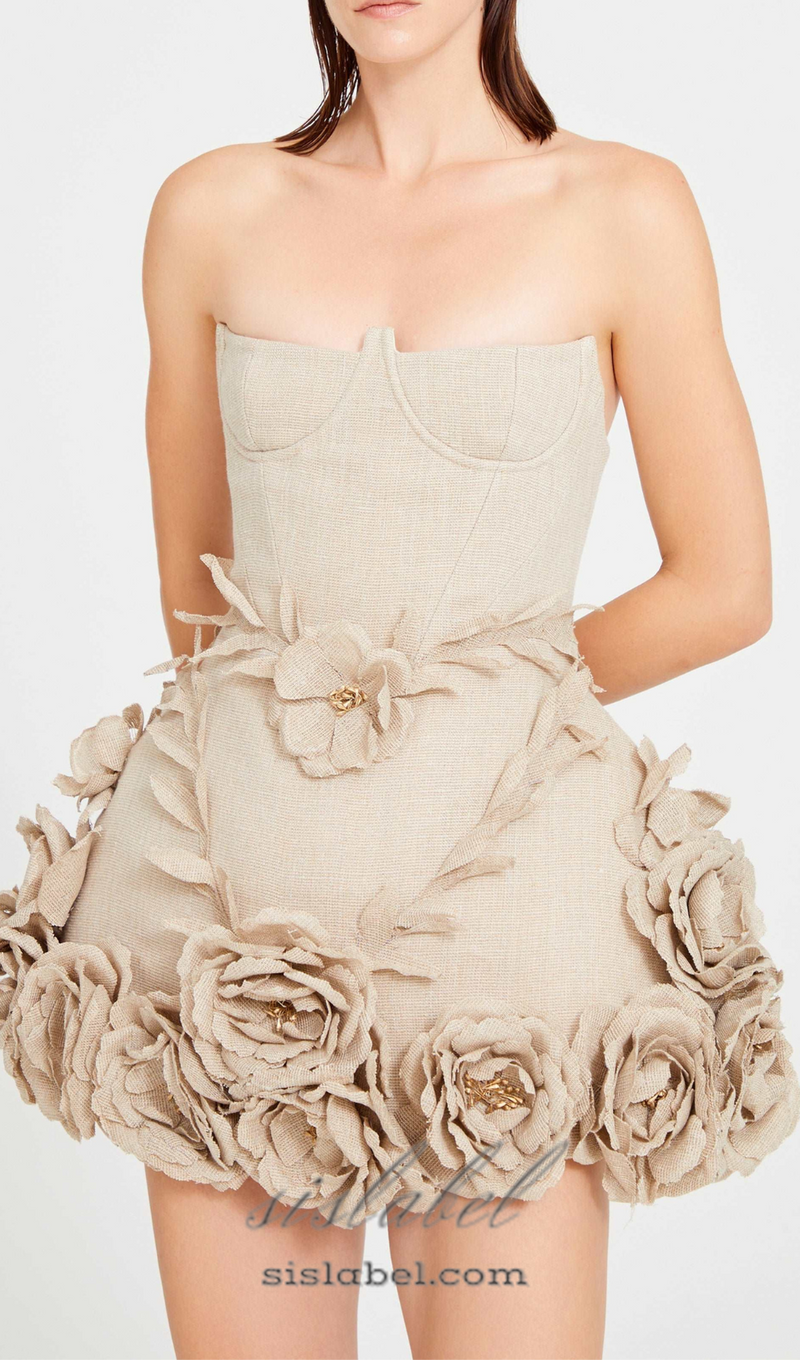 SALOME BEIGE LINEN CORSET FLOWER DETAILS MINI DRESS