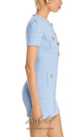 MODESTY BEADED BUTTON KNIT MINI DRESS IN BLUE