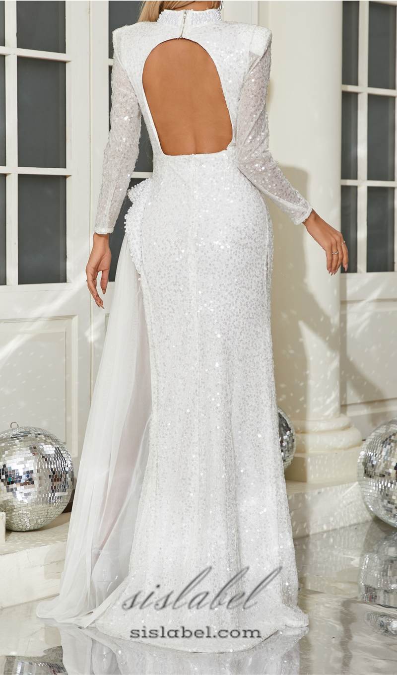 YVETTE PEARL EMBELLISHED SEQUIN MAXI DRESS IN WHITE