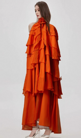 Carrie orange halterneck flounced maxi dress