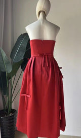 WINE RED STRAPLESS MIDI DRESS