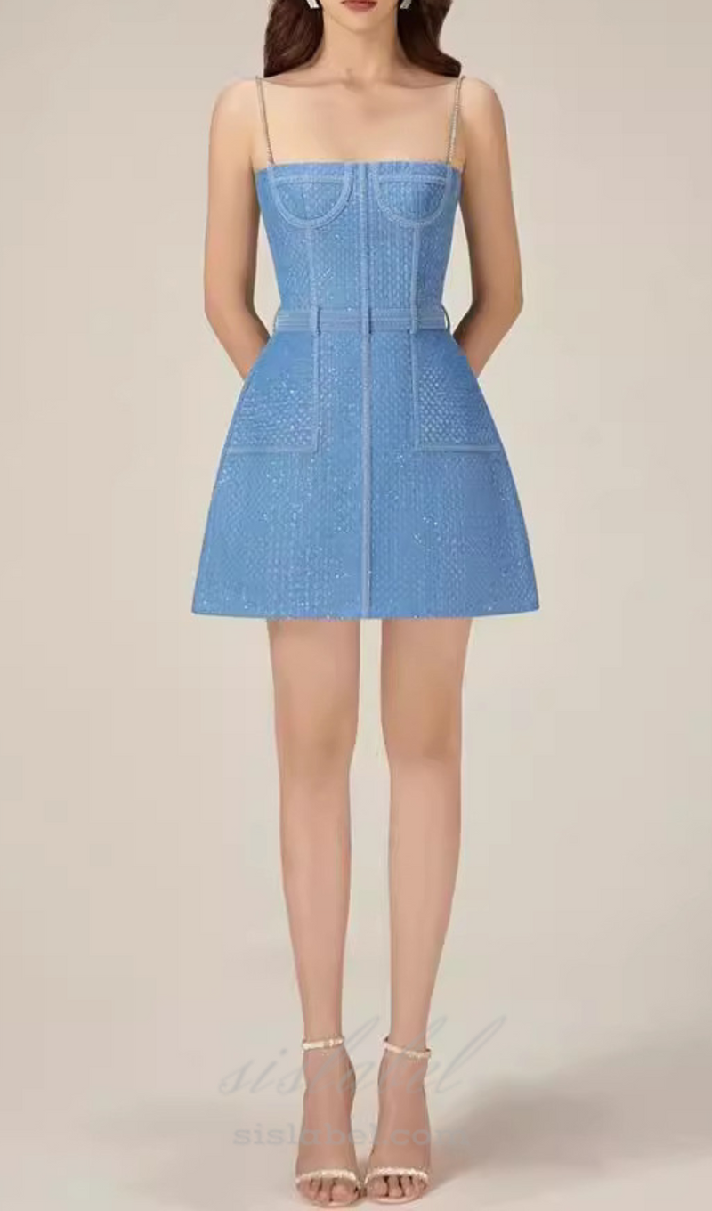 ANDREA DENIM RHINESTONE SUSPENDER MINI DRESS IN BLUE