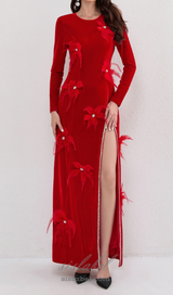 3d feather flower velvet maxi dress in red