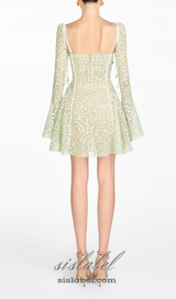 TERESA TRUMPET SLEEVE LACE EMBROIDERY MINI DRESS IN GREEN