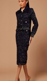 Claudine navy crochet-knit jacket & skirt matching set