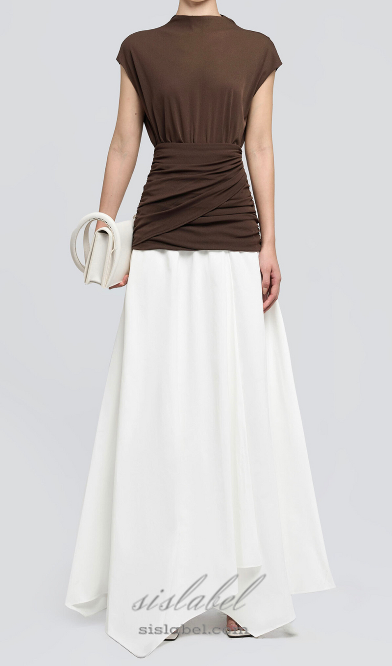 brown Waist cross pleats midi dress with asymmetric hemline