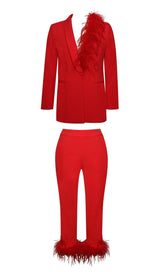 RED BLAZER SUIT WITH FEATHER TRIM