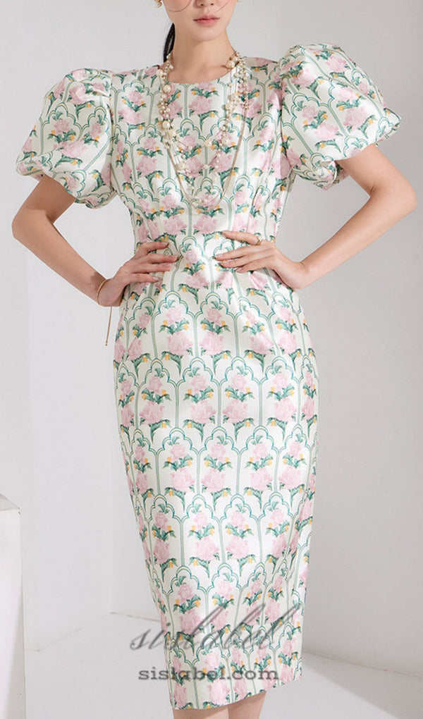 PUFF-SLEEVE FLORAL PRINTED MIDI DRESS