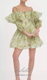 ANNA PRINTED RUFFLE TRIM MINI DRESS IN Green