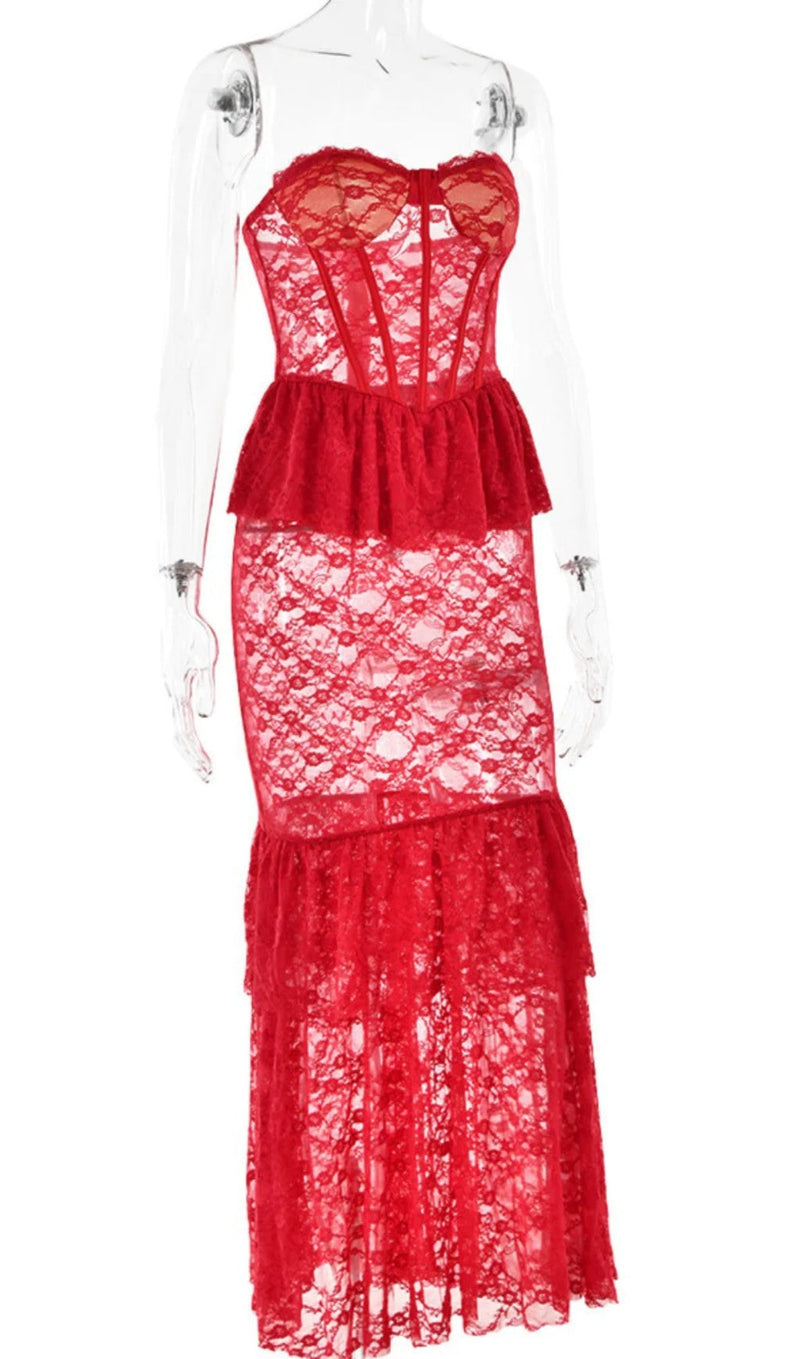 RED STRAPLESS LACE MERMAID DRESS