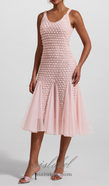 SYLVIA PINK EMBROIDERED SPLICING SLEEVELESS MIDI DRESS