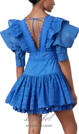 BLUE V-NECK EMBROIDERED RUFFLED MINI DRESS