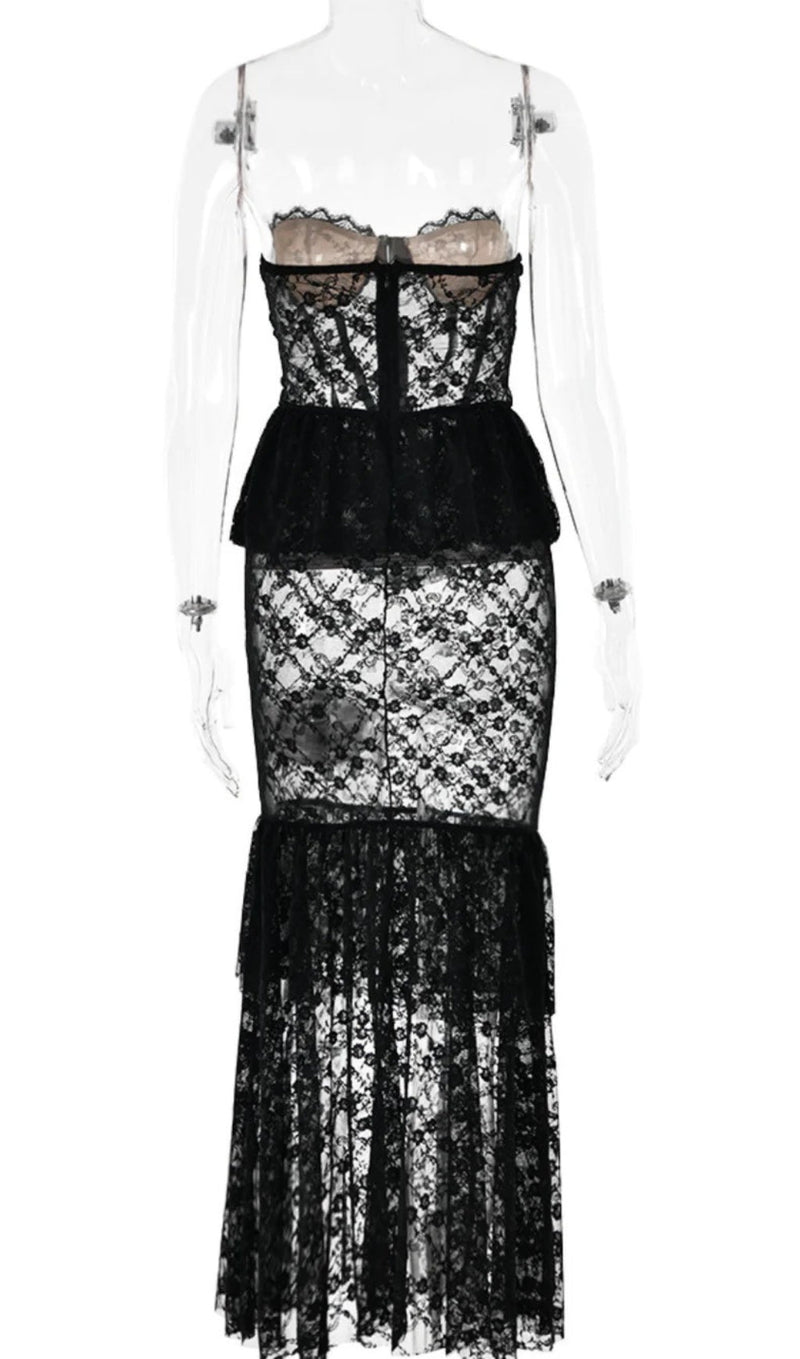 BLACK STRAPLESS LACE MERMAID DRESS