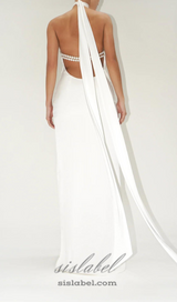 MIGNON SATIN BELT BACKLESS PEARL EMBELLISHED MAXI DRESS IN WHITE