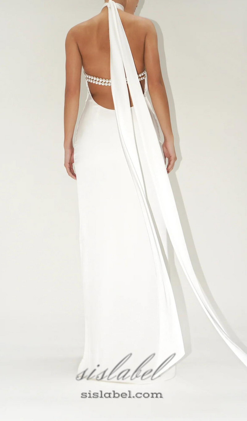 MIGNON SATIN BELT BACKLESS PEARL EMBELLISHED MAXI DRESS IN WHITE