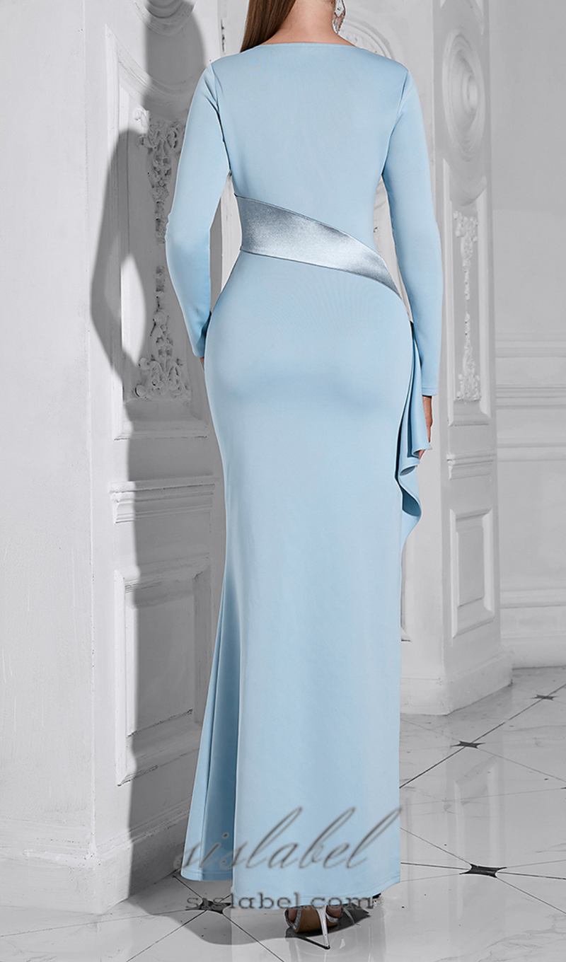 CLARA HIGH SLIT PATCHWORK BODYCON MAXI DRESS IN PALE BLUE