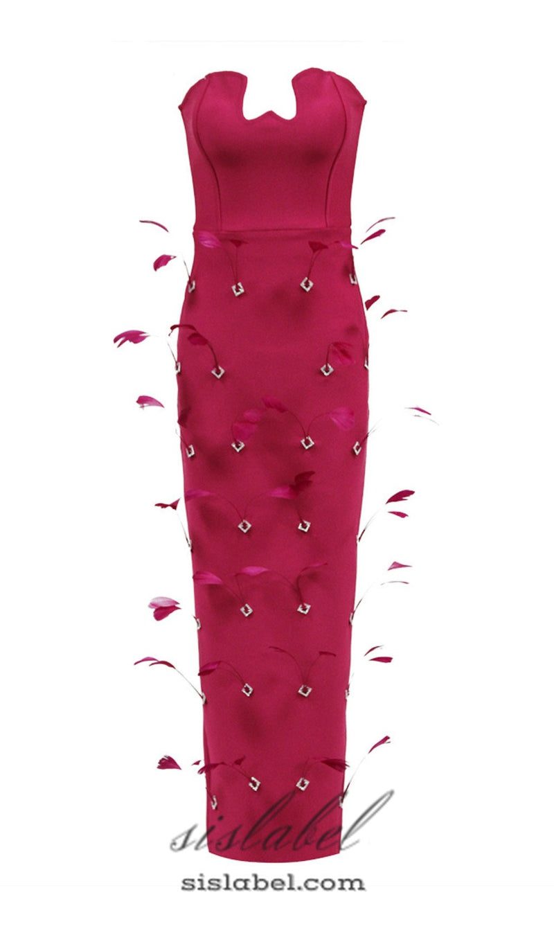 FEATHER BANDAGE MAXI DRESS IN ROSE RED