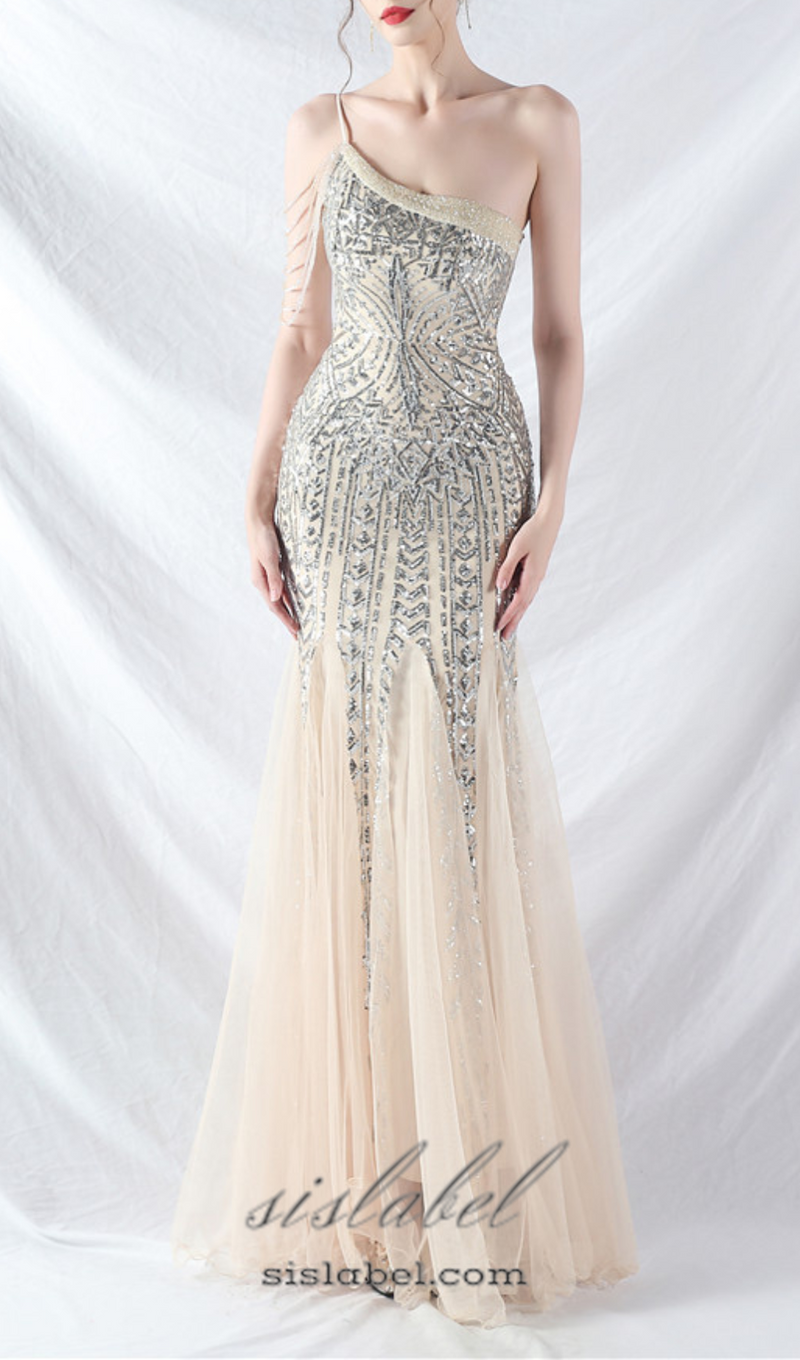 DEIRDRE GOLD ONE-SHOULDER SEQUINED FISHTAIL MAXI DRESS