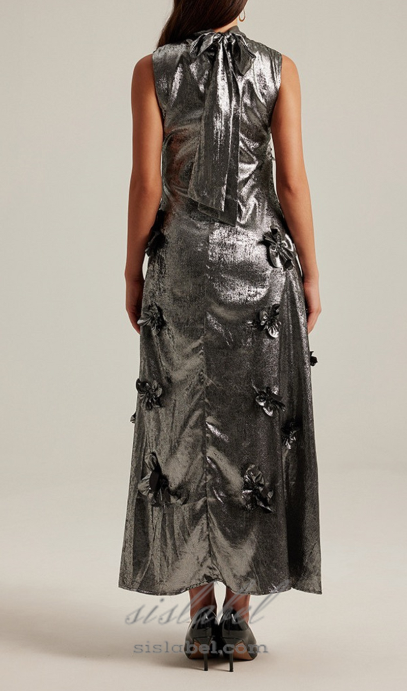 3d floral embellished maxi dress in grey