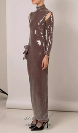 SETLLA BOW DETAIL SEQUIN MAXI DRESS IN BROWN