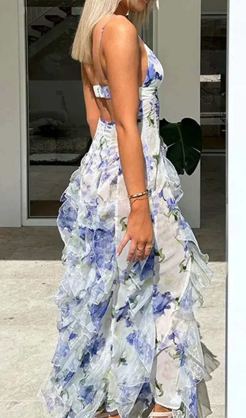 BELINDA BLUE FLORAL VERTICAL RUFFLE TRIM MAXI DRESS