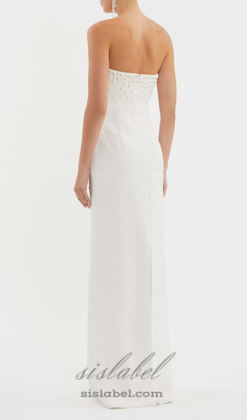 pearl-embellished strapless gown in white