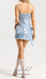 ELVIRA SEQUIN BOW SLEEVELESS MINI DRESS IN BLUE