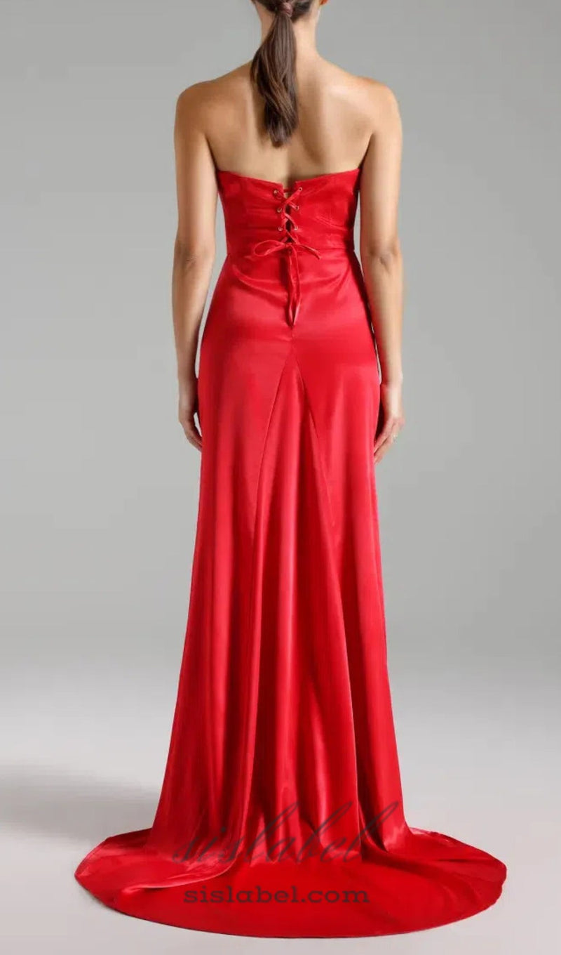 bow embellished strapless maxi dress in red