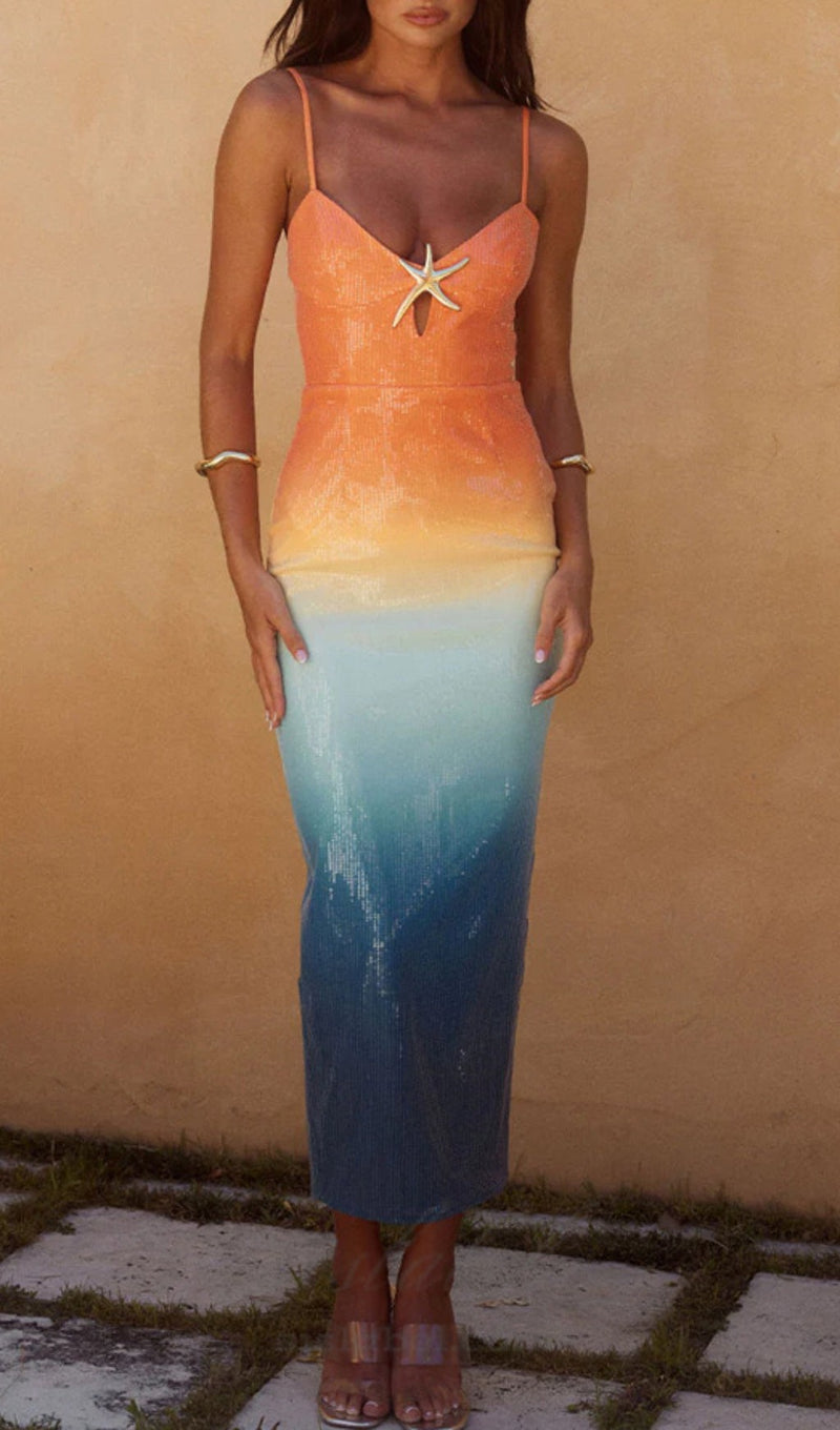 GRADIENT COLOR STARFISH SEQUIN MIDI DRESS