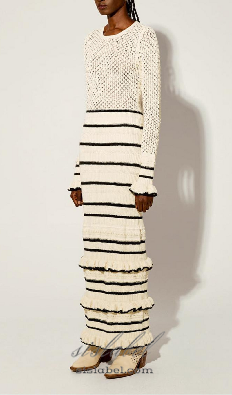 BRIDGET KNIT STRIPE FRILL MIDI DRESS IN WHITE