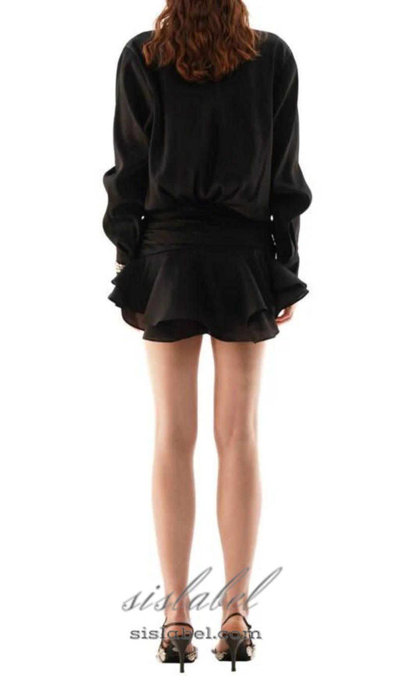 EMBER RUCHED RUFFLE MINI DRESS IN BLACK