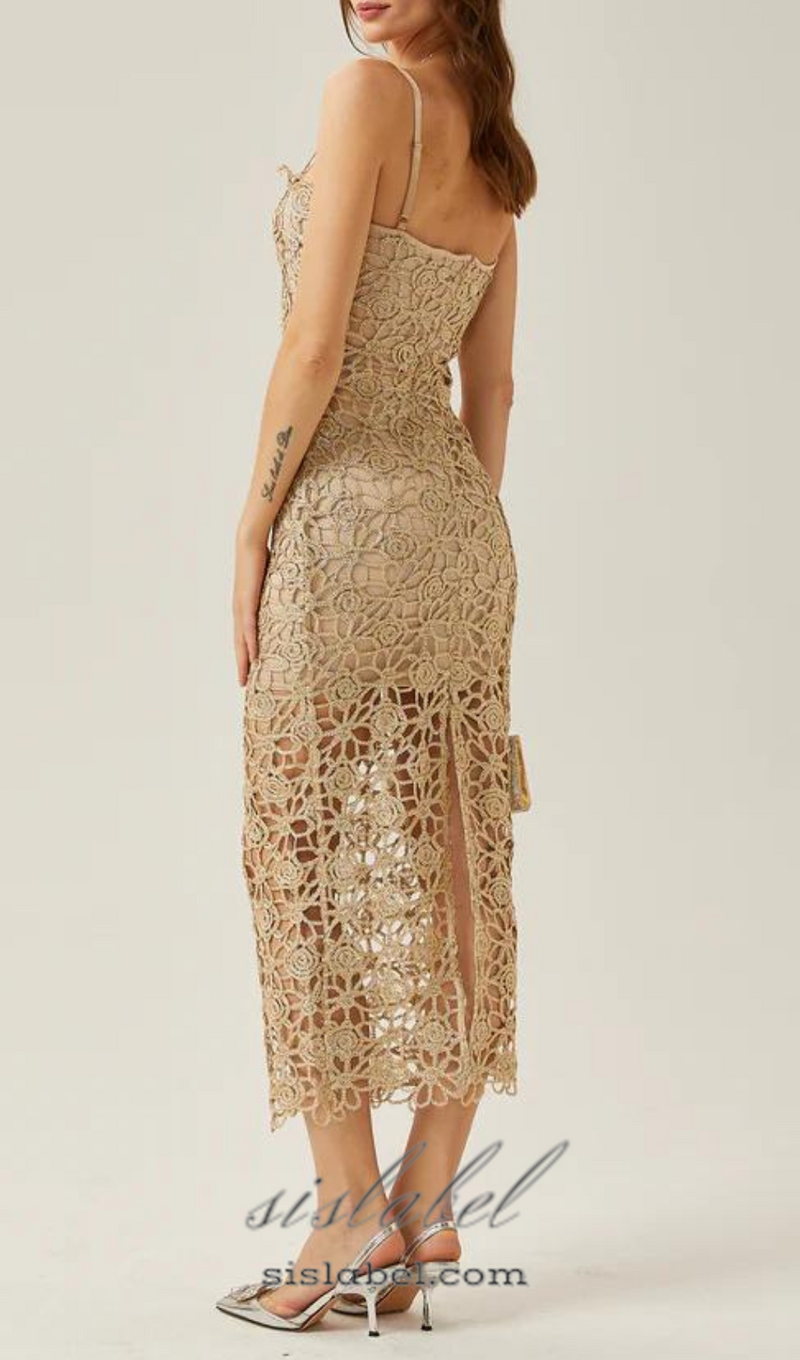 AGNES GOLD LACE CROCHET CUTOUT MIDI DRESS