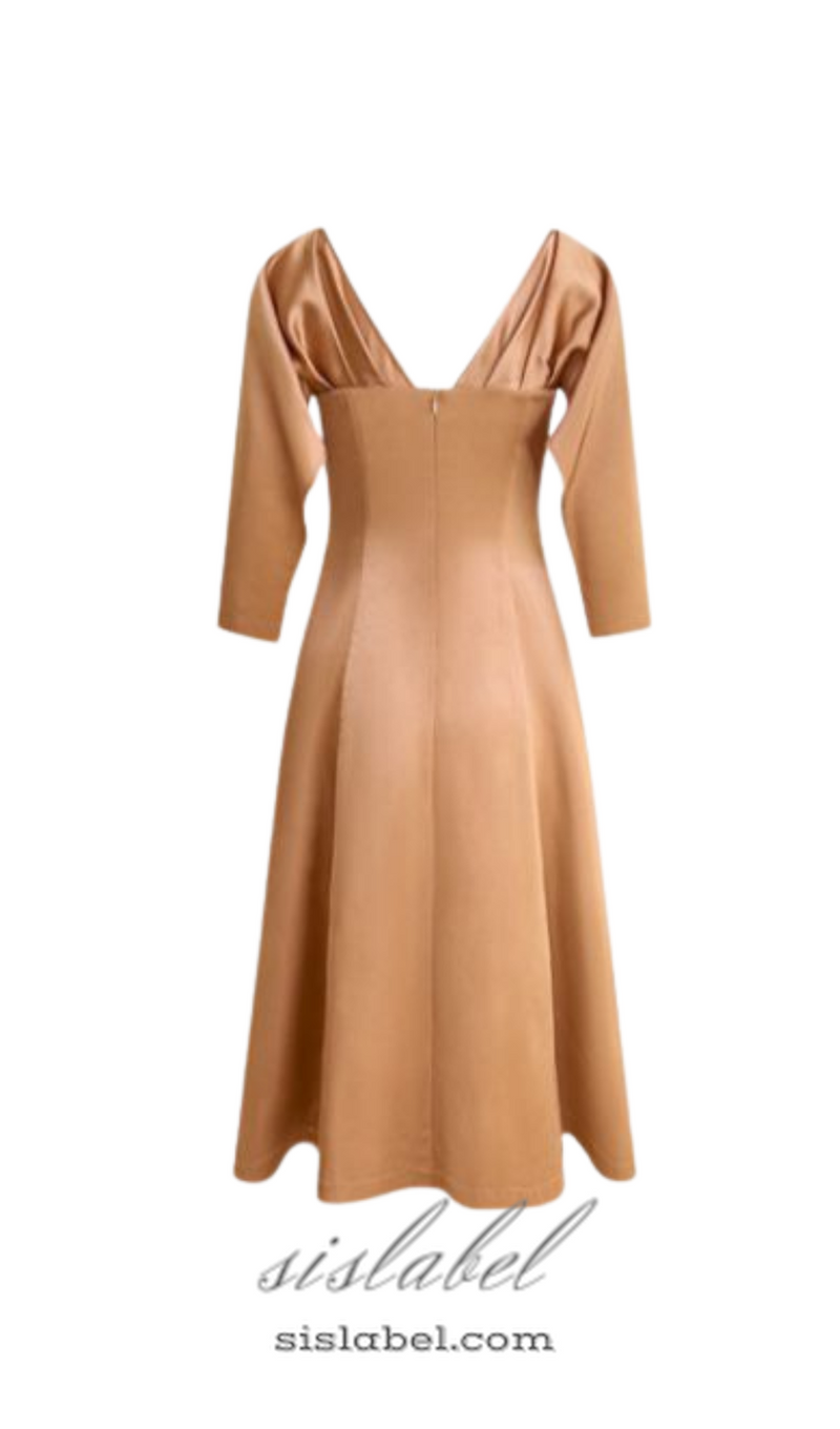 ODELIA V-NECK BROWN A-LINE MIDI DRESS